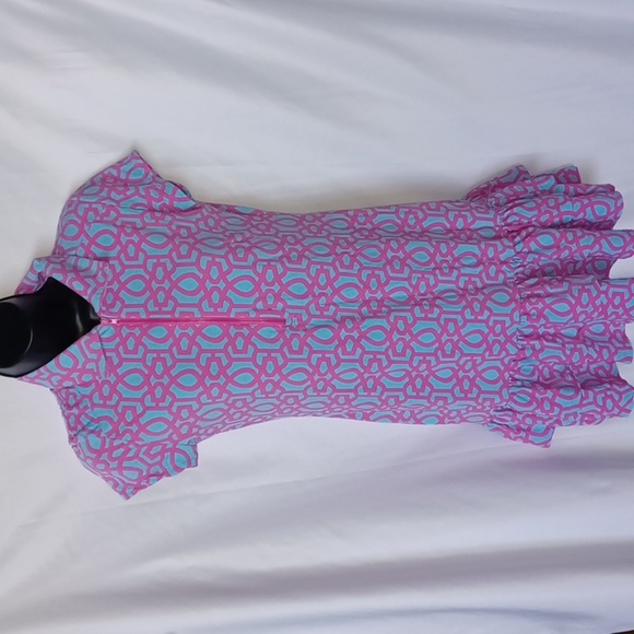 IBKUL Blue / Pink Knit Short Sleeve Zip Front‎ Ruffle Tennis Dress - Picture 1 of 4